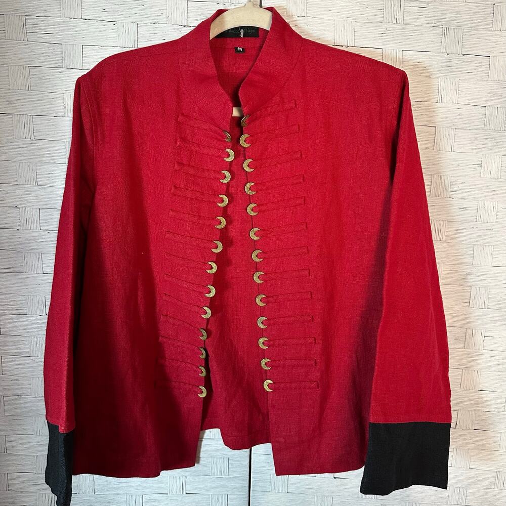Peacock Ways  women’s blazer jacket red black‎ Asian coin button detail